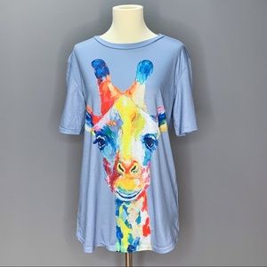 Colorful rainbow giraffe print blue t-shirt, S.
